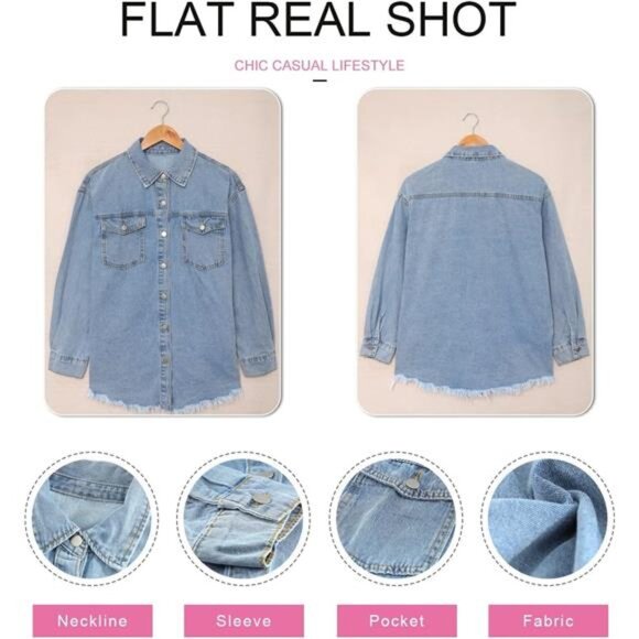 Women's Oversized Denim Blue Jacket Casual‎ Long Sleeve Jean Jacket Fall Spring - Picture 5 of 6